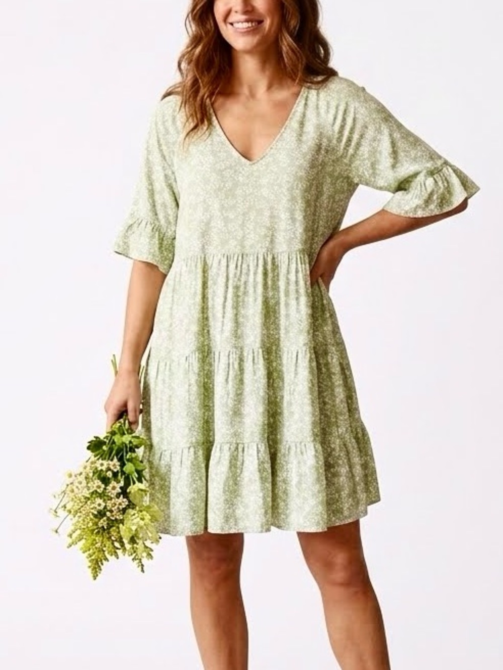 Boutique Sage Green Floral Tiered Babydoll Dress V-Neck Mini Boho